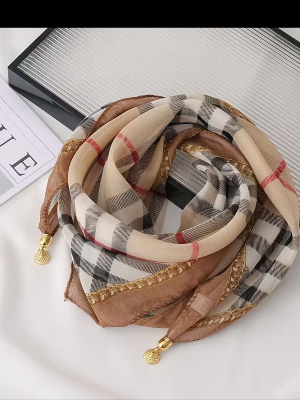 Affordable Fashion Finds Beige Plaid & Brown Chain-Print Scarf